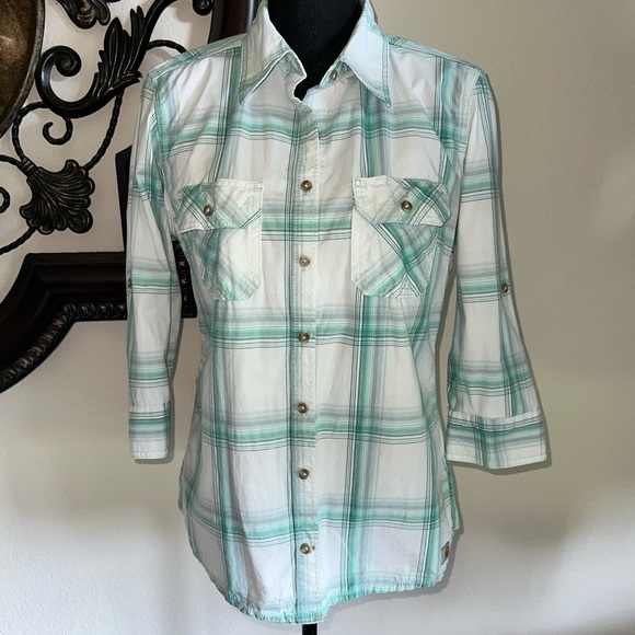 Carhartt Women’s Heron Green White Plaid 3/4 Sleeves Button Down Blouse M 8/10 - Picture 4 of 14